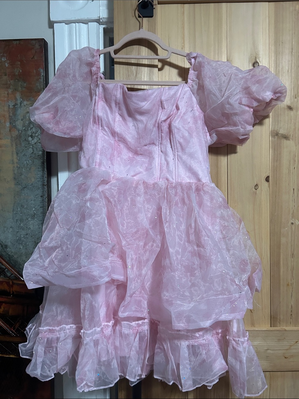 Pink Puff Sleeve Party Dress with Layered Organza Skirt